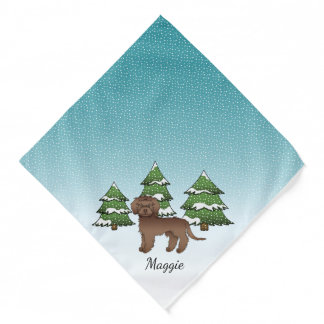 Chocolate Mini Goldendoodle Dog In A Winter Forest Bandana