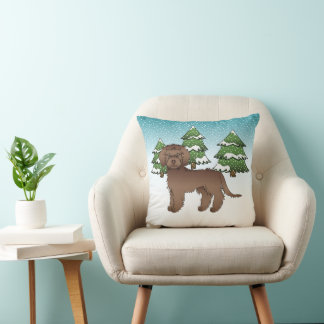 Chocolate Mini Goldendoodle Dog In A Winter Forest Throw Pillow