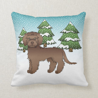 Chocolate Mini Goldendoodle Dog In A Winter Forest Throw Pillow