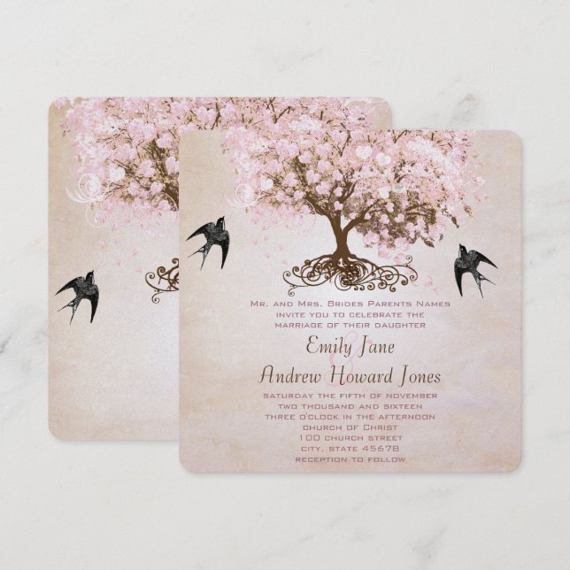 Chocolate Misty Pink Heart Leaf Tree Love Birds Invitation (Front/Back)