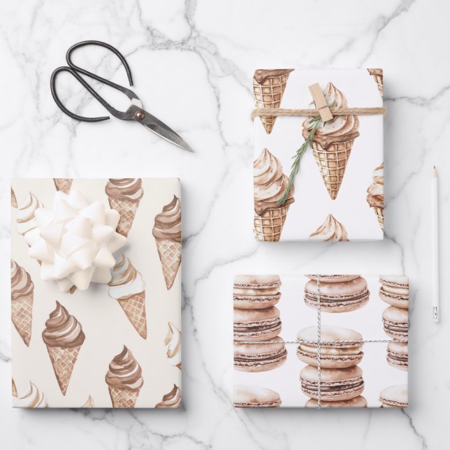 Chocolate Mocha Ice Cream Cones Birthday Wrapping Paper Sheets (Front)
