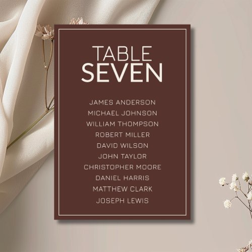 Chocolate Old Money Wedding Guest Seating Chart Table Number