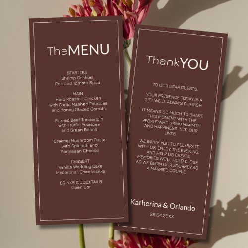 Chocolate Old Money Wedding Menu Thank You Note