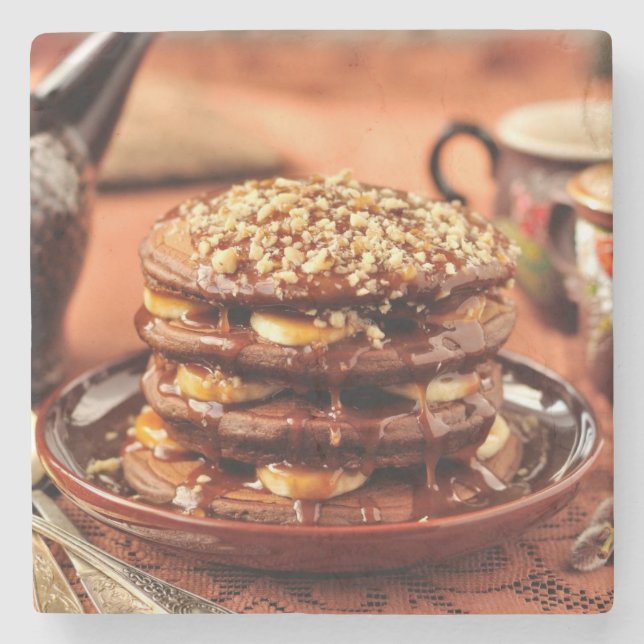 Chocolate Pancakes with Bananas and Caramel Stone Coaster (Front)