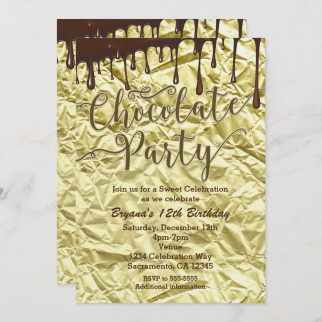 Chocolate Party Gold Faux Foil Wrapper Invitations (Front/Back)