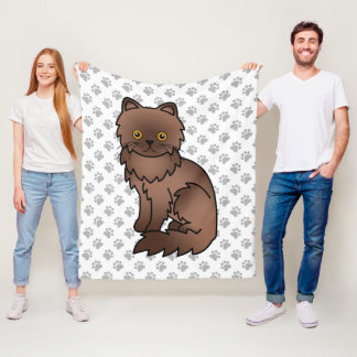 Chocolate Persian Cute Cartoon Cat &amp; Paws Fleece Blanket
