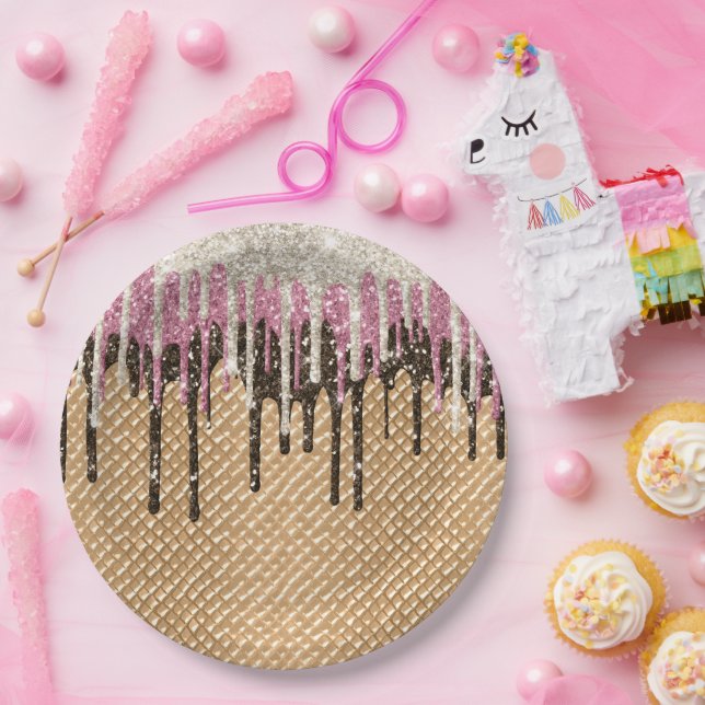 Chocolate Pink Ice Cream Cone Glitter Drips Paper Plates (Party)