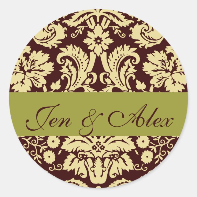 Chocolate Pistachio Bride Groom Damask Wedding Classic Round Sticker (Front)
