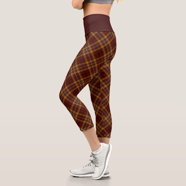 Chocolate Plaid Pattern Tartan Checkered Vintage Capri Leggings (Left)