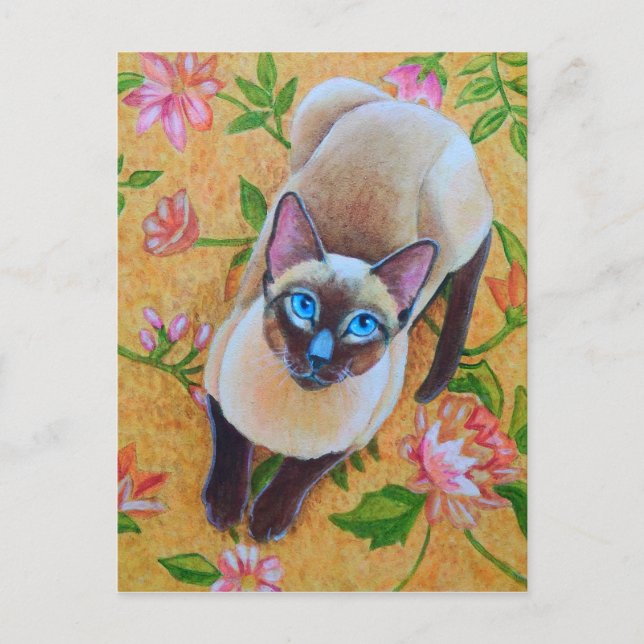 Chocolate Point Siamese Cat on Floral Rug Postcard (Front)