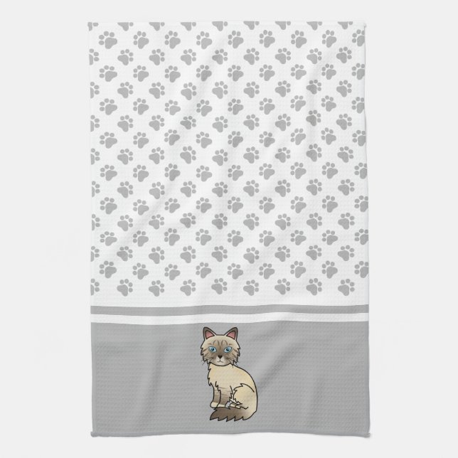 Chocolate Point Tabby Birman / Ragdoll Cat & Paws Kitchen Towel (Vertical)