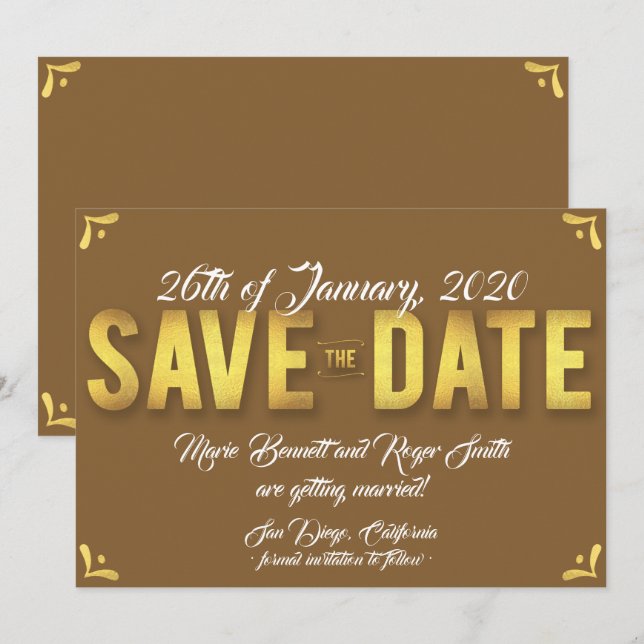 Chocolate Save The Date Card with Gold Foil (Front/Back)