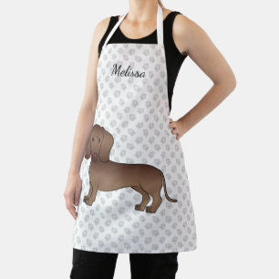 Chocolate Short Hair Dachshund Cartoon Dog & Name Apron