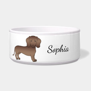 Chocolate Short Hair Dachshund Cartoon Dog & Name Bowl