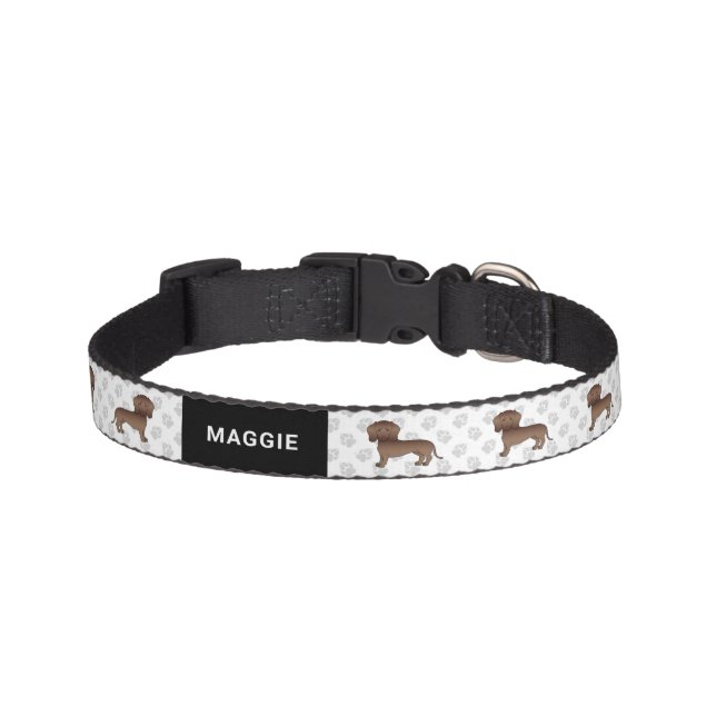 Chocolate Short Hair Dachshund Cartoon Dog & Name Pet Collar (Front)