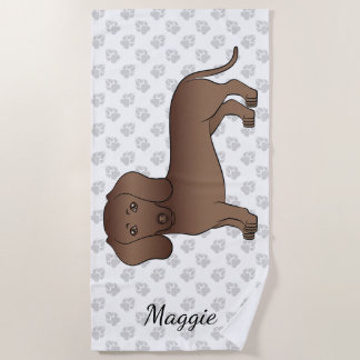 Chocolate Short Hair Dachshund Cartoon Dog &amp; Paws Beach Towel