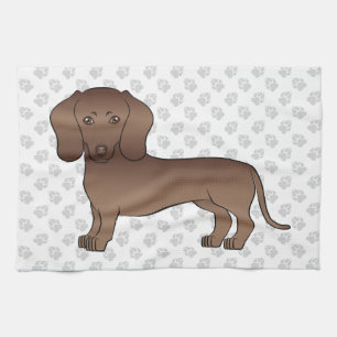 Chocolate Short Hair Dachshund Cartoon Dog & Paws Kitchen Towel