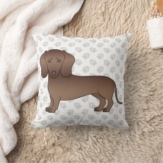 Chocolate Short Hair Dachshund Cartoon Dog &amp; Paws Throw Pillow