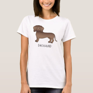 Chocolate Short Hair Dachshund Cartoon Dog & Text T-Shirt