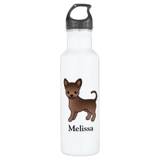 Chocolate Smooth Coat Chihuahua Cartoon Dog &amp; Name Stainless Steel Water Bottle