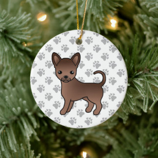 Chocolate Smooth Coat Chihuahua Cartoon Dog &amp; Paws Ceramic Ornament