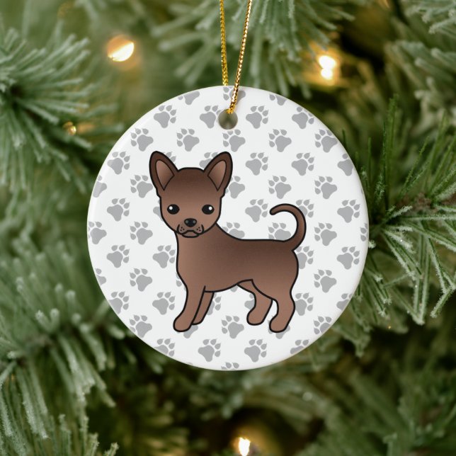 Chocolate Smooth Coat Chihuahua Cartoon Dog & Paws Ceramic Ornament (Tree)