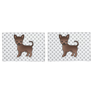 Chocolate Smooth Coat Chihuahua Cartoon Dog & Paws Pillow Case