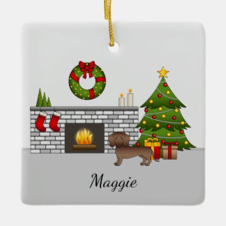Chocolate Smooth Coat Dachshund - Christmas Room Ceramic Ornament