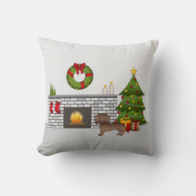 Chocolate Smooth Coat Dachshund - Christmas Room Throw Pillow (Front)
