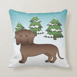 Chocolate Smooth Coat Dachshund - Winter Forest Throw Pillow