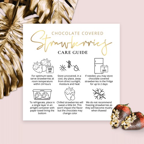 Chocolate Strawberries Care Guide White  Gold Square Business Card