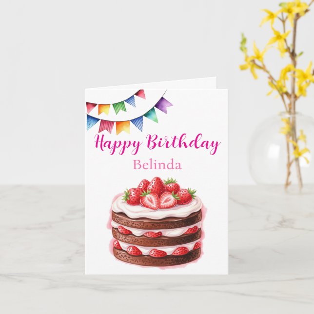 Chocolate Strawberry Cake Customizable Birthday Card (Yellow Flower)