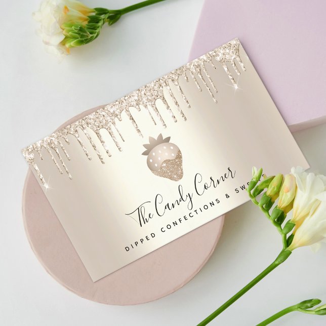 Chocolate Strawberry Confection Gold Glitter Drips Business Card