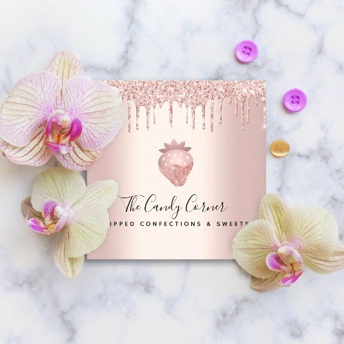 Chocolate Strawberry Confection Rose Gold Glitter Square Business Card