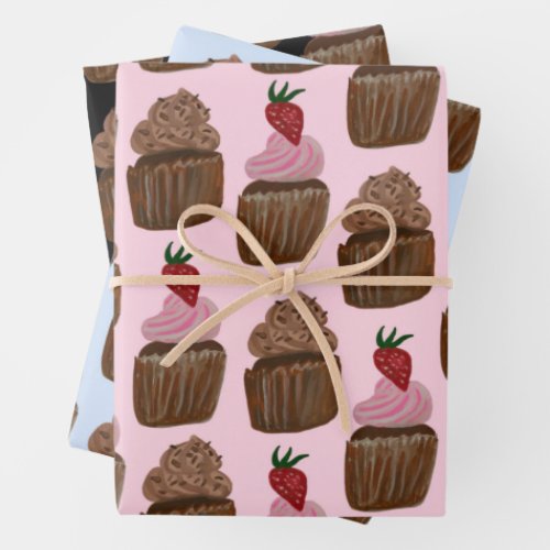 Chocolate Strawberry Cupcakes Set of  Wrapping Paper Sheets