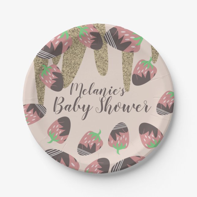 Chocolate Strawberry Faux Glitter Baby Shower Paper Plates (Front)