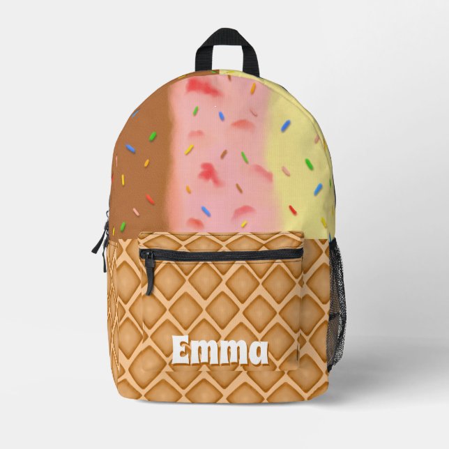 Chocolate, Strawberry Vanilla Ice Cream Name Printed Backpack (Front)