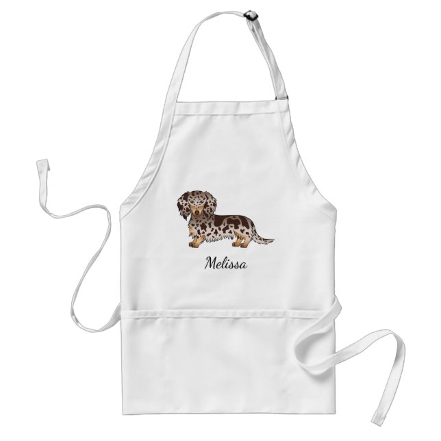 Chocolate & Tan Dapple Long Hair Dachshund & Name Adult Apron (Front)