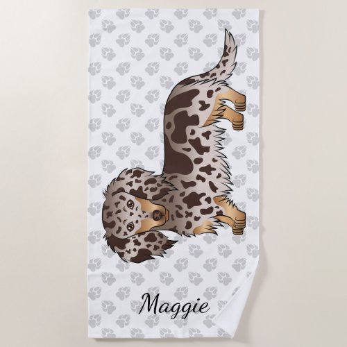 Chocolate  Tan Dapple Long Hair Dachshund  Name Beach Towel