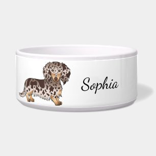 Chocolate & Tan Dapple Long Hair Dachshund & Name Bowl
