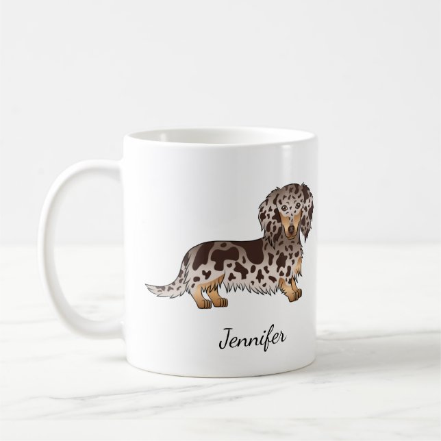 Chocolate & Tan Dapple Long Hair Dachshund & Name Coffee Mug (Left)