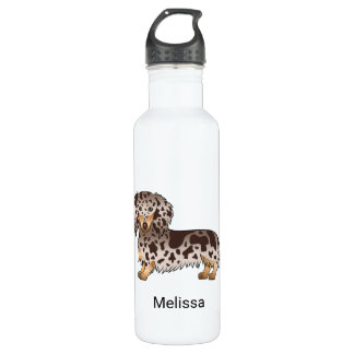 Chocolate &amp; Tan Dapple Long Hair Dachshund &amp; Name Stainless Steel Water Bottle