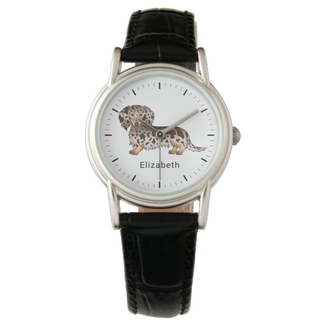 Chocolate & Tan Dapple Long Hair Dachshund & Name Watch (Front)