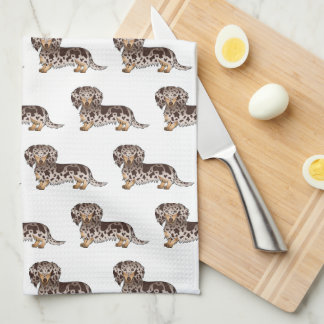 Chocolate &amp; Tan Dapple Long Hair Dachshund Pattern Kitchen Towel