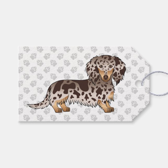 Chocolate & Tan Dapple Long Hair Dachshund & Paws Gift Tags (Front (Horizontal))