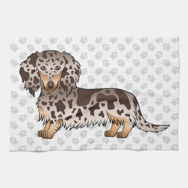 Chocolate & Tan Dapple Long Hair Dachshund & Paws Kitchen Towel (Horizontal)