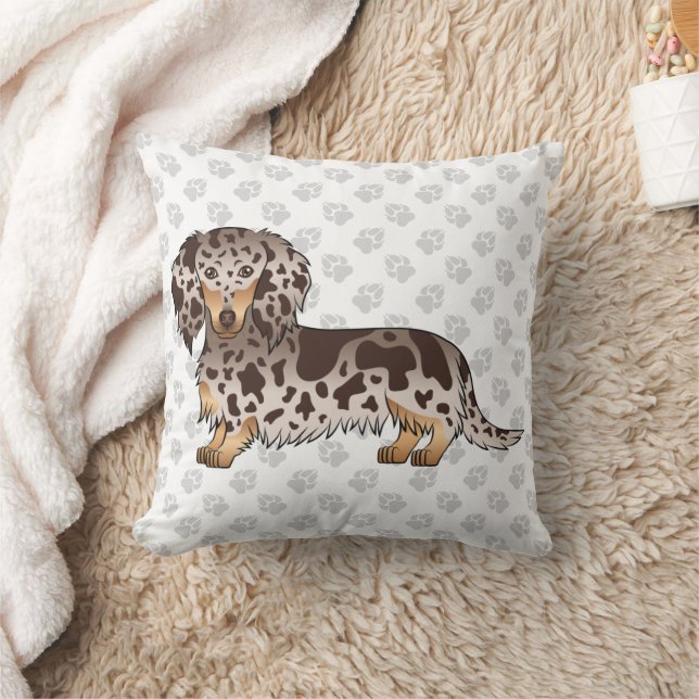 Chocolate & Tan Dapple Long Hair Dachshund & Paws Throw Pillow (Blanket)