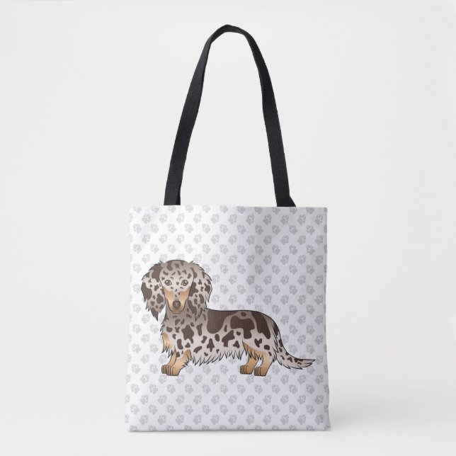 Chocolate & Tan Dapple Long Hair Dachshund & Paws Tote Bag (Front)