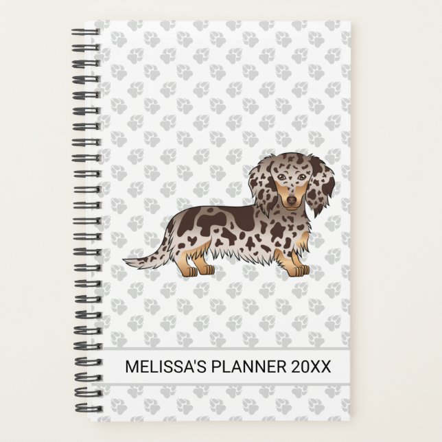 Chocolate & Tan Dapple Long Hair Dachshund & Text Planner (Front)