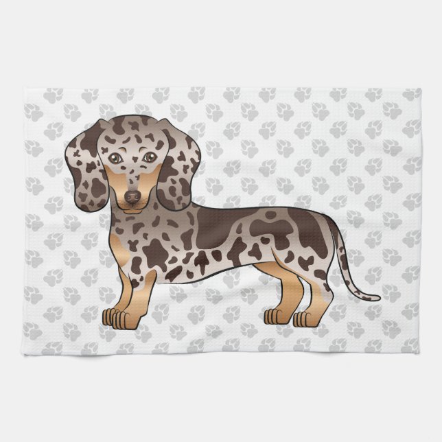 Chocolate & Tan Dapple Short Hair Dachshund & Paws Kitchen Towel (Horizontal)